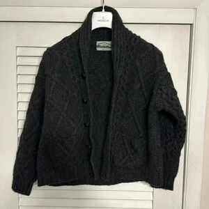 aran crafts gray sweater 100% merino wool made in ireland long sleeve w/pockets